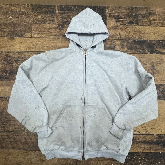 Carhartt Mens‎ Grey Full Zip Hooded Sweatshirt Workwear Size L Cooked Distressed